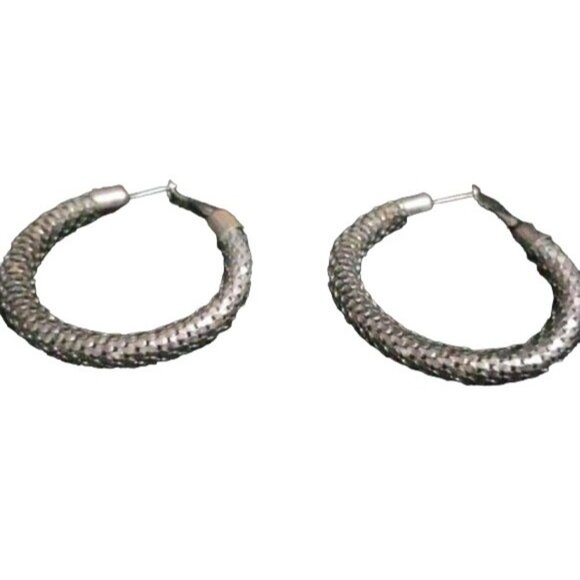 Black Chained Hoop Earrings Metal Retro Chic 1.25" Diameter - Picture 3 of 3
